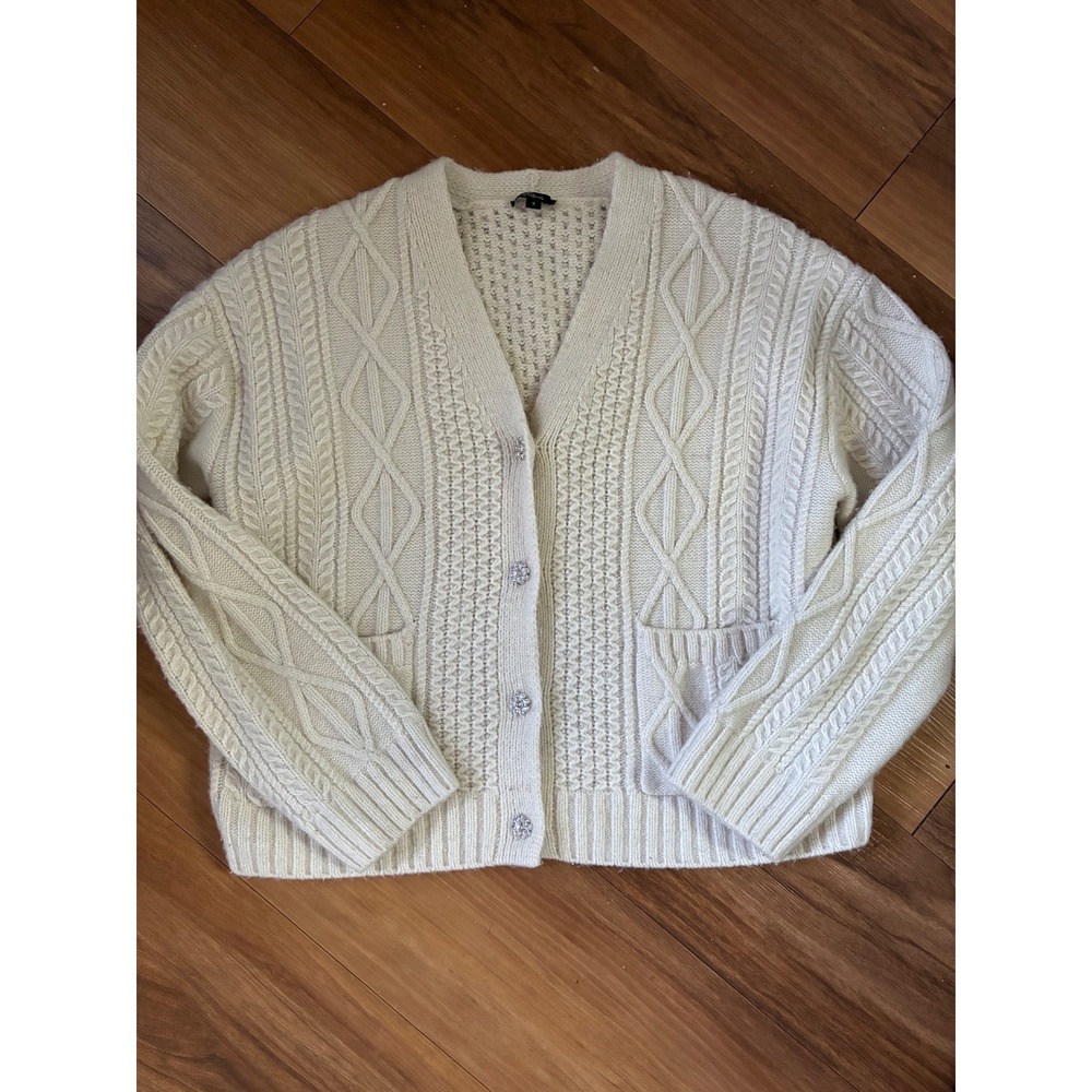 Rails Cream Cable Knit Cardigan Rhinestone Button V-Neck Sweater Womens Small